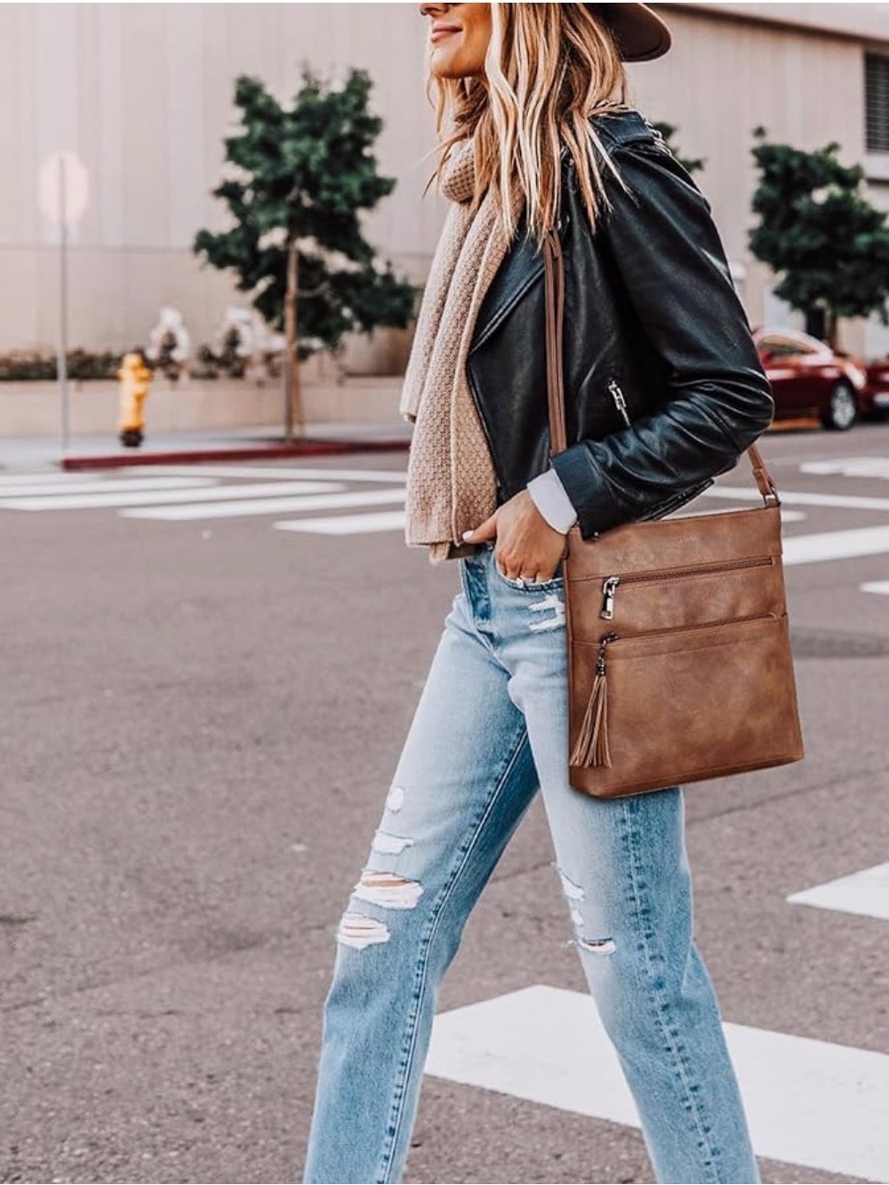 Brown Leather Crossbody Bag - Tassel Zipper Detail